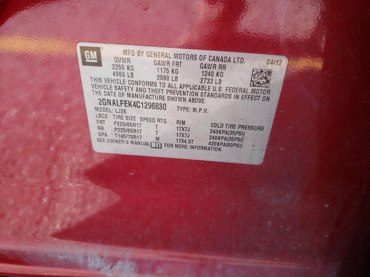 Photo 10 from auction – 2012 CHEVROLET EQUINOX LT with VIN 2GNALFEK4C1296830