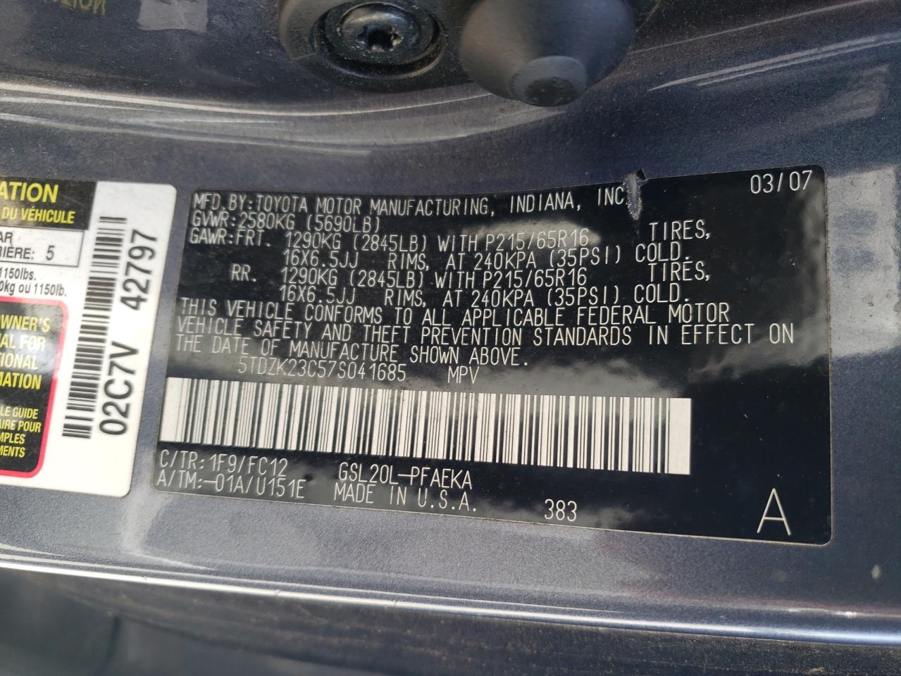 Photo 10 from auction – 2007 TOYOTA SIENNA CE with VIN 5TDZK23C57S041685