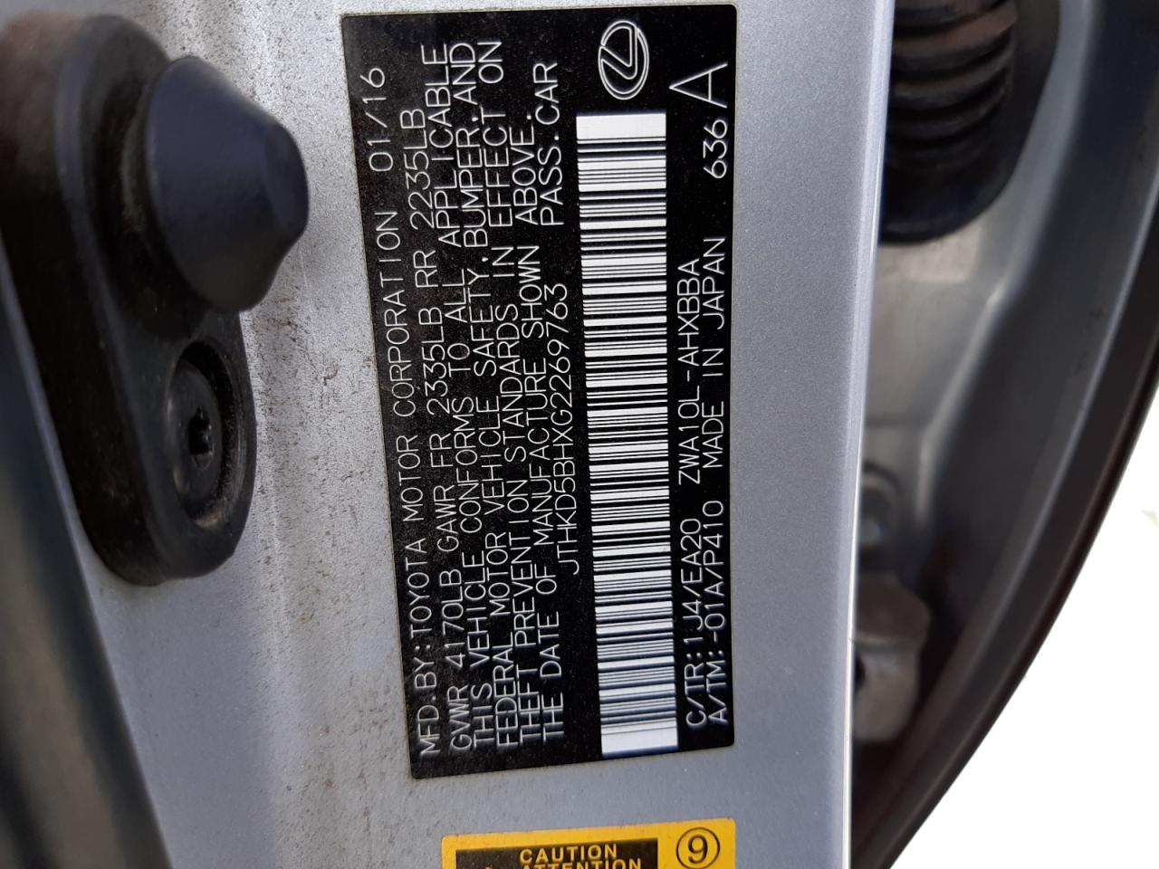 Photo 10 from auction – 2016 LEXUS CT 200 with VIN JTHKD5BHXG2269763