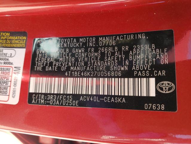 Photo 10 from auction – 2007 TOYOTA CAMRY CE with VIN 4T1BE46K27U056806