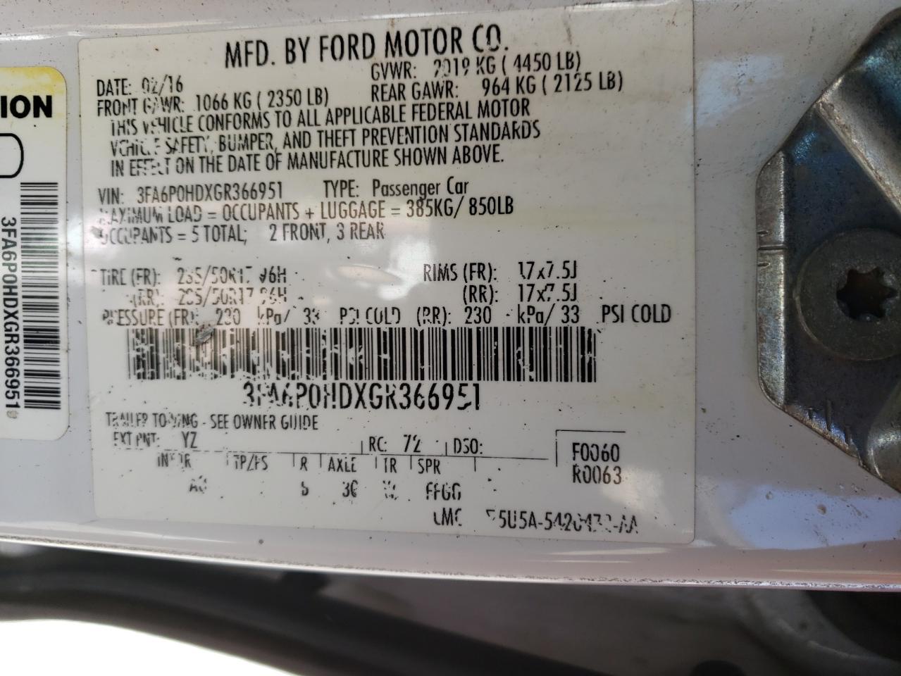 Photo 10 from auction – 2016 FORD FUSION SE with VIN 3FA6P0HDXGR366951