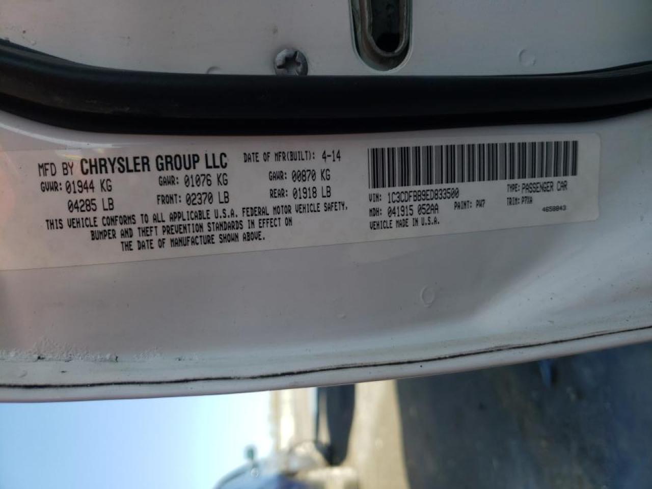 Photo 10 from auction – 2014 DODGE DART SXT with VIN 1C3CDFBB9ED833500