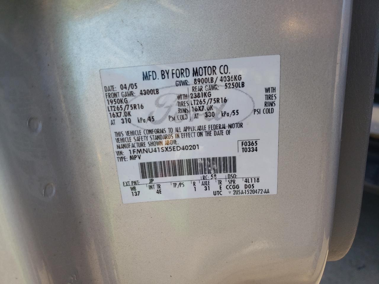 Photo 10 from auction – 2005 FORD EXCURSION with VIN 1FMNU41SX5ED40201