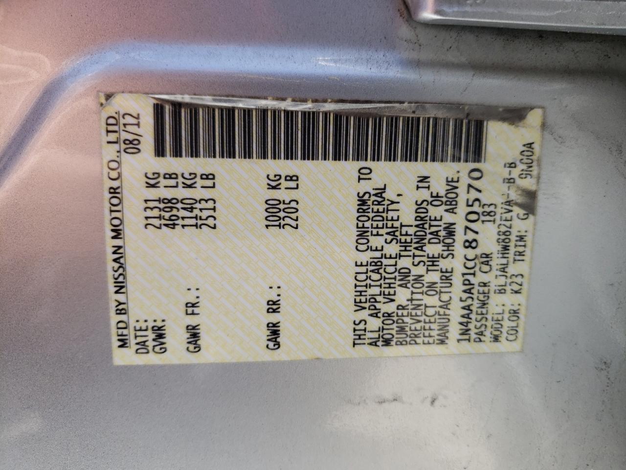 Photo 10 from auction – 2012 NISSAN MAXIMA S with VIN 1N4AA5AP1CC870570
