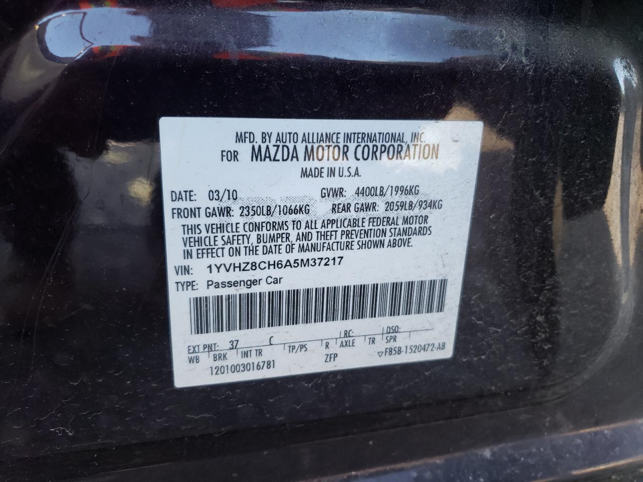 Photo 10 from auction – 2010 MAZDA 6 I with VIN 1YVHZ8CH6A5M37217