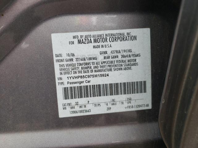 Photo 10 from auction – 2007 MAZDA 6 I with VIN 1YVHP85C975M15924