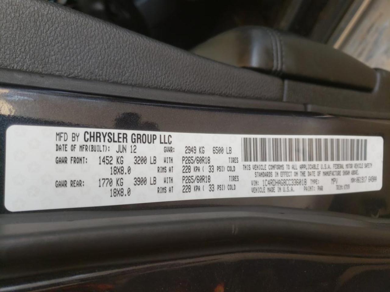 Photo 10 from auction – 2012 DODGE DURANGO SX with VIN 1C4RDHAG8CC336018