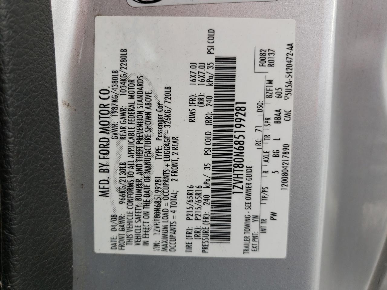 Photo 10 from auction – 2008 FORD MUSTANG with VIN 1ZVHT80N685199281