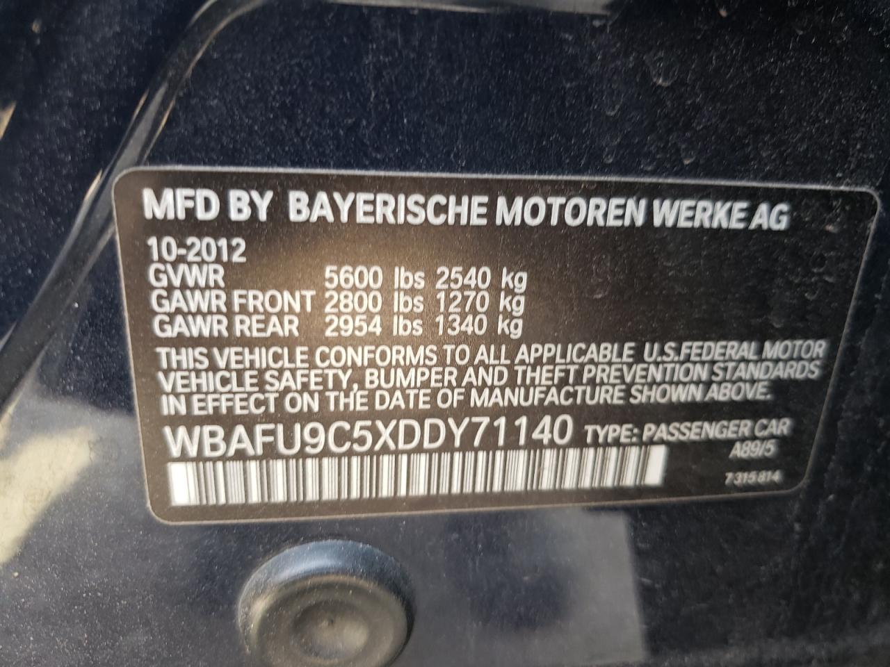 Photo 10 from auction – 2013 BMW 550 XI with VIN WBAFU9C5XDDY71140