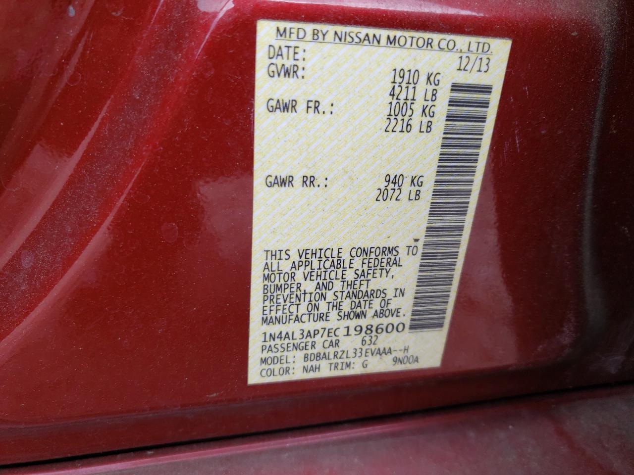 Photo 10 from auction – 2014 NISSAN ALTIMA 2.5 with VIN 1N4AL3AP7EC198600