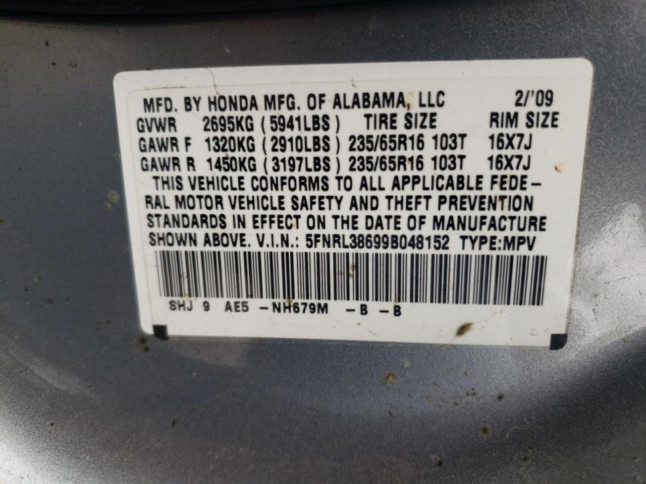 Photo 10 from auction – 2009 HONDA ODYSSEY EX with VIN 5FNRL38699B048152