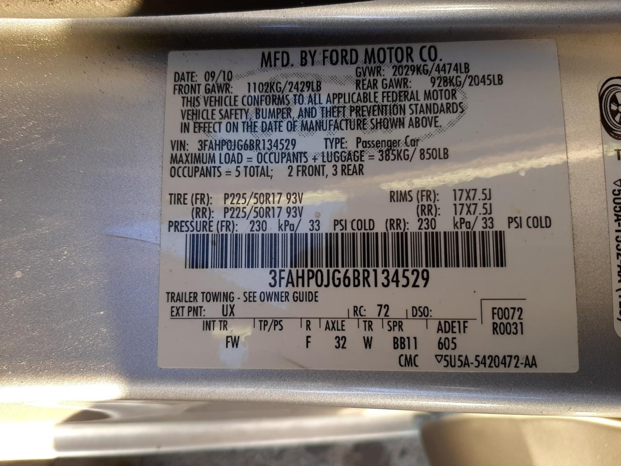 Photo 10 from auction – 2011 FORD FUSION SEL with VIN 3FAHP0JG6BR134529