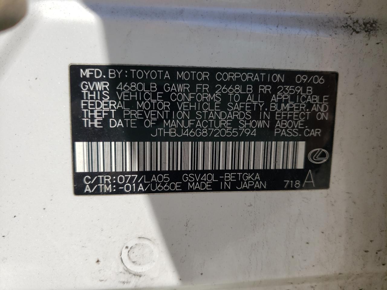 Foto 10 de la subasta – 2007 LEXUS ES 350 con VIN JTHBJ46G872055794