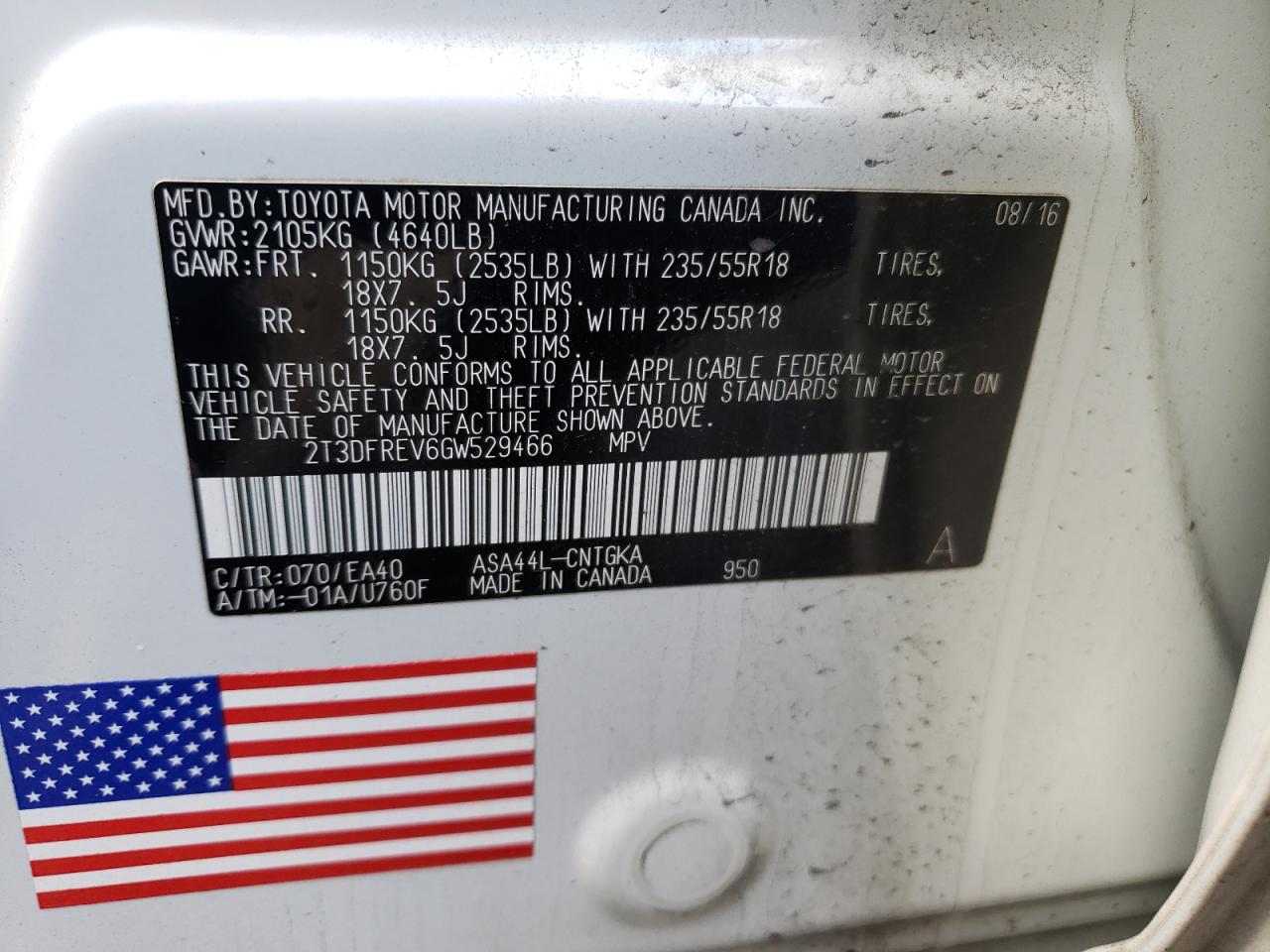 Photo 10 from auction – 2016 TOYOTA RAV4 LIMIT with VIN 2T3DFREV6GW529466