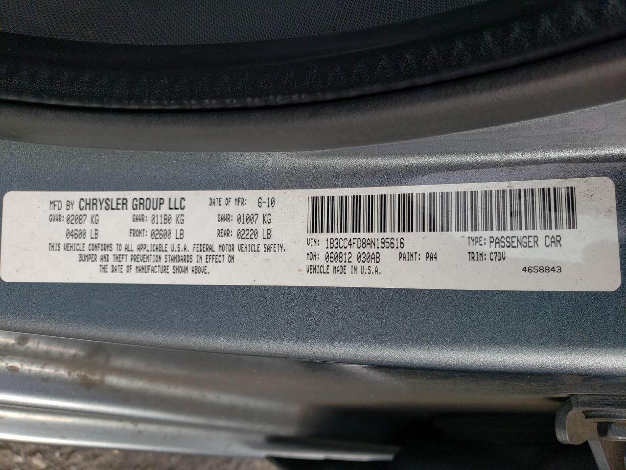 Photo 10 from auction – 2010 DODGE AVENGER SX with VIN 1B3CC4FD8AN195616