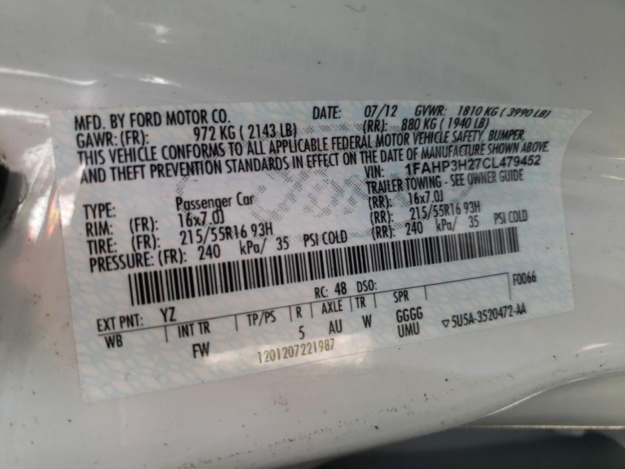 Photo 10 from auction – 2012 FORD FOCUS SEL with VIN 1FAHP3H27CL479452