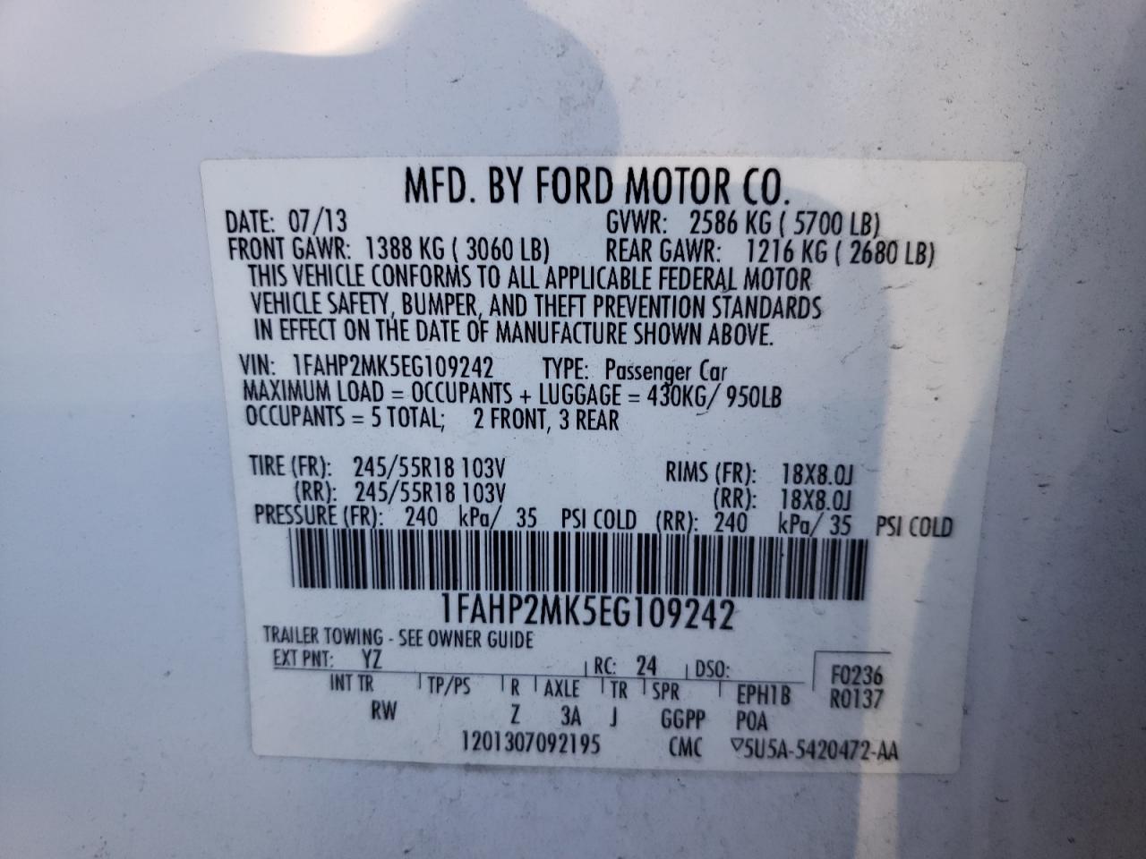 Photo 10 from auction – 2014 FORD TAURUS POL with VIN 1FAHP2MK5EG109242