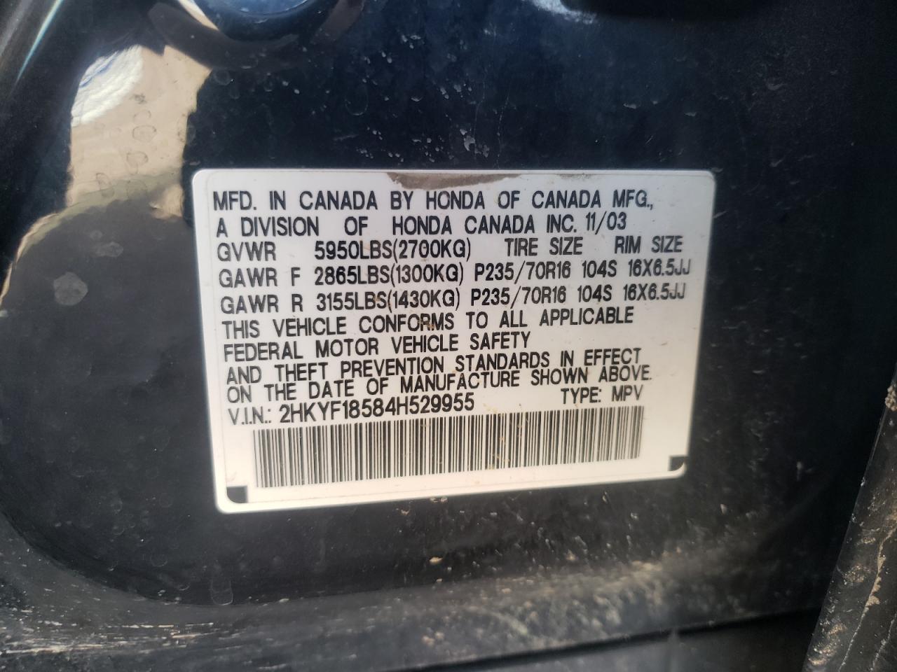 Photo 10 from auction – 2004 HONDA PILOT EXL with VIN 2HKYF18584H529955