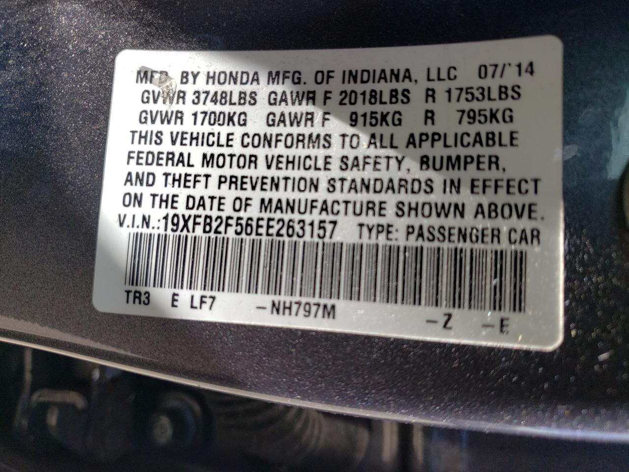 Photo 10 from auction – 2014 HONDA CIVIC LX with VIN 19XFB2F56EE263157