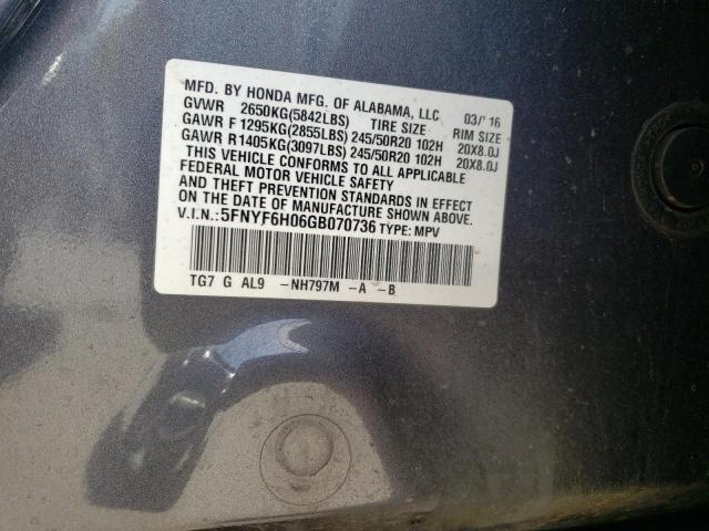 Photo 10 from auction – 2016 HONDA PILOT ELIT with VIN 5FNYF6H06GB070736