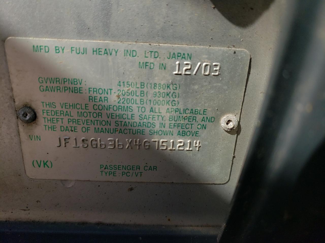 Photo 10 from auction – 2004 SUBARU FORESTER 2 with VIN JF1SG636X4G751214
