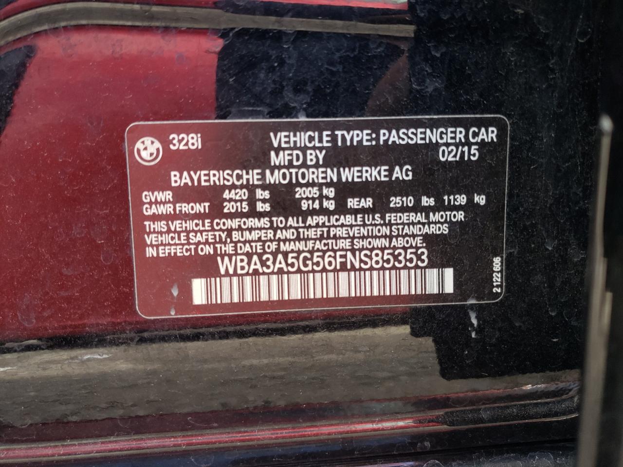 Photo 10 from auction – 2015 BMW 328 I with VIN WBA3A5G56FNS85353