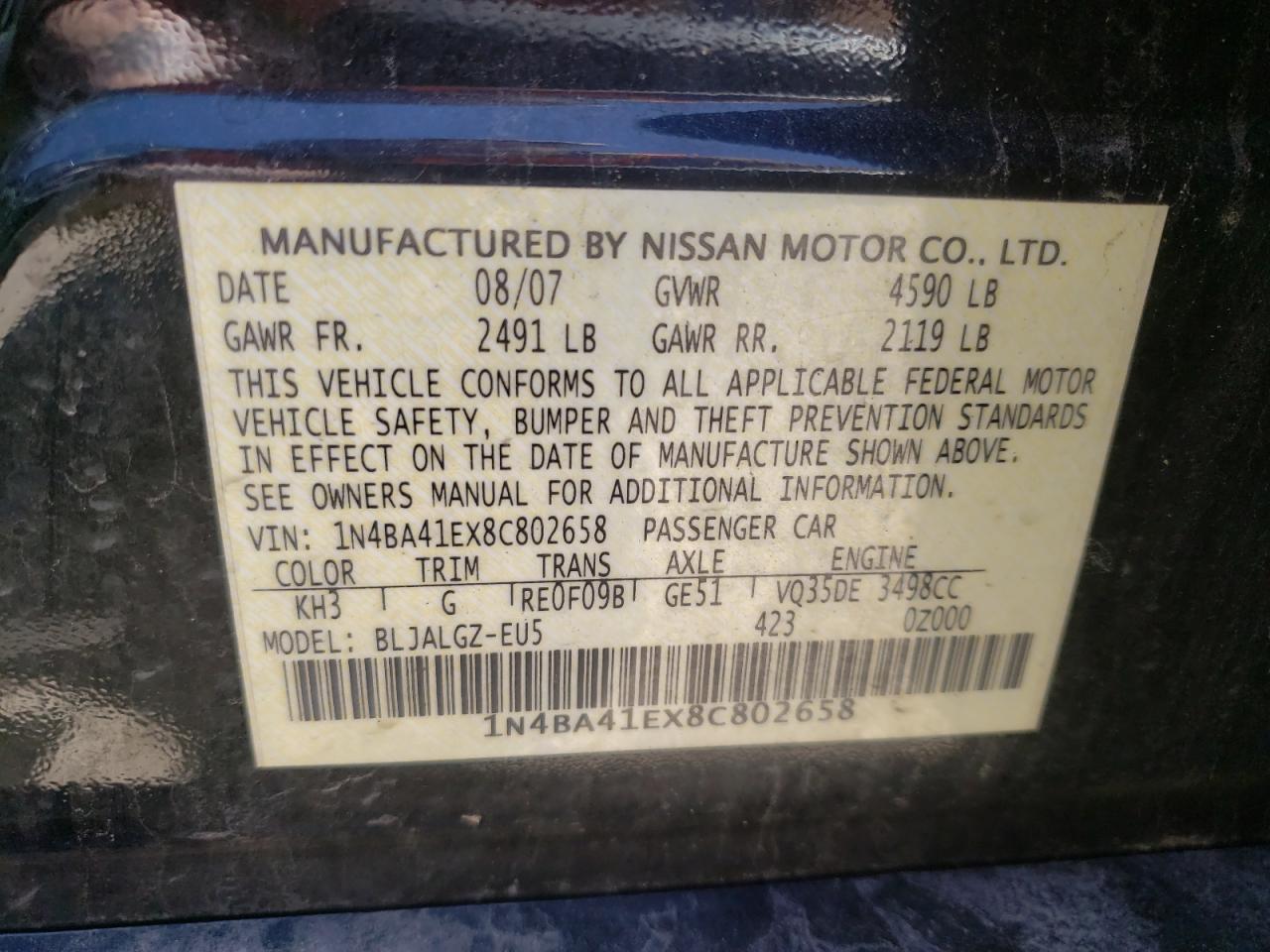 Photo 10 from auction – 2008 NISSAN MAXIMA SE with VIN 1N4BA41EX8C802658