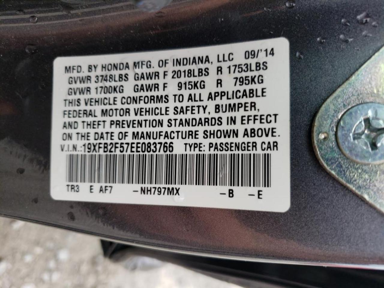 Photo 10 from auction – 2014 HONDA CIVIC LX with VIN 19XFB2F57EE083766