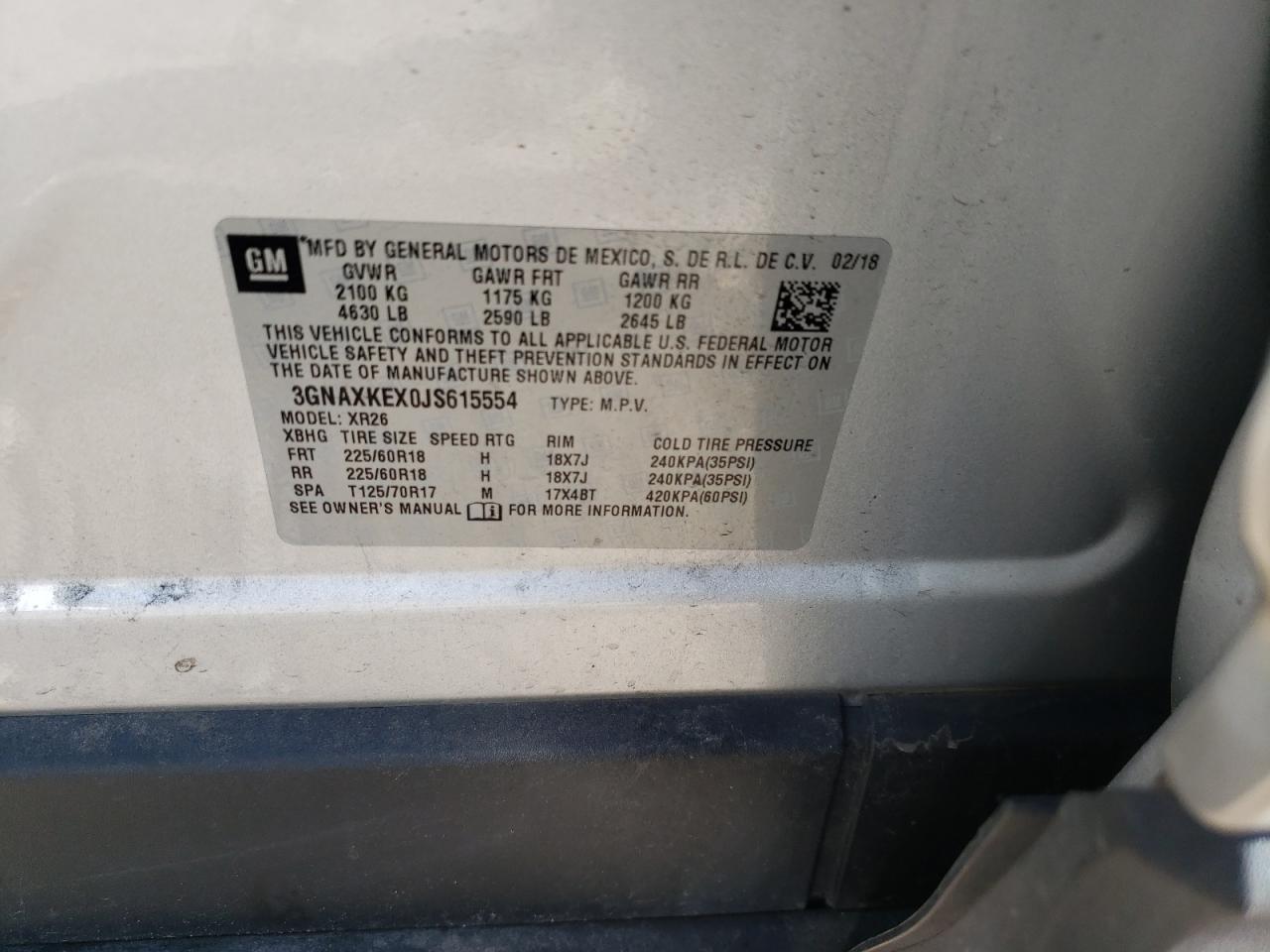 Photo 10 from auction – 2018 CHEVROLET EQUINOX LT with VIN 3GNAXKEX0JS615554