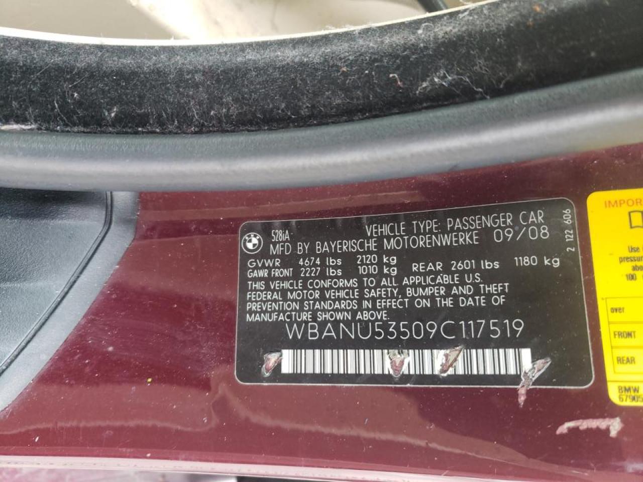 Photo 10 from auction – 2009 BMW 528 I with VIN WBANU53509C117519