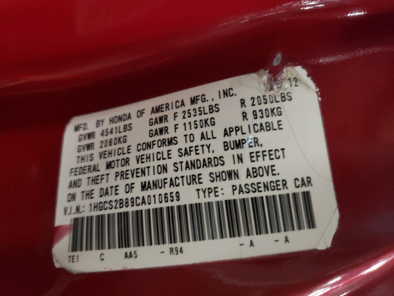 Photo 10 from auction – 2012 HONDA ACCORD EXL with VIN 1HGCS2B89CA010659