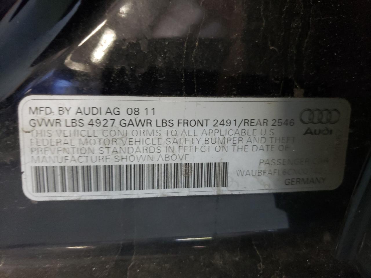 Photo 10 from auction – 2012 AUDI A4 PREMIUM with VIN WAUBFAFL6CN007425