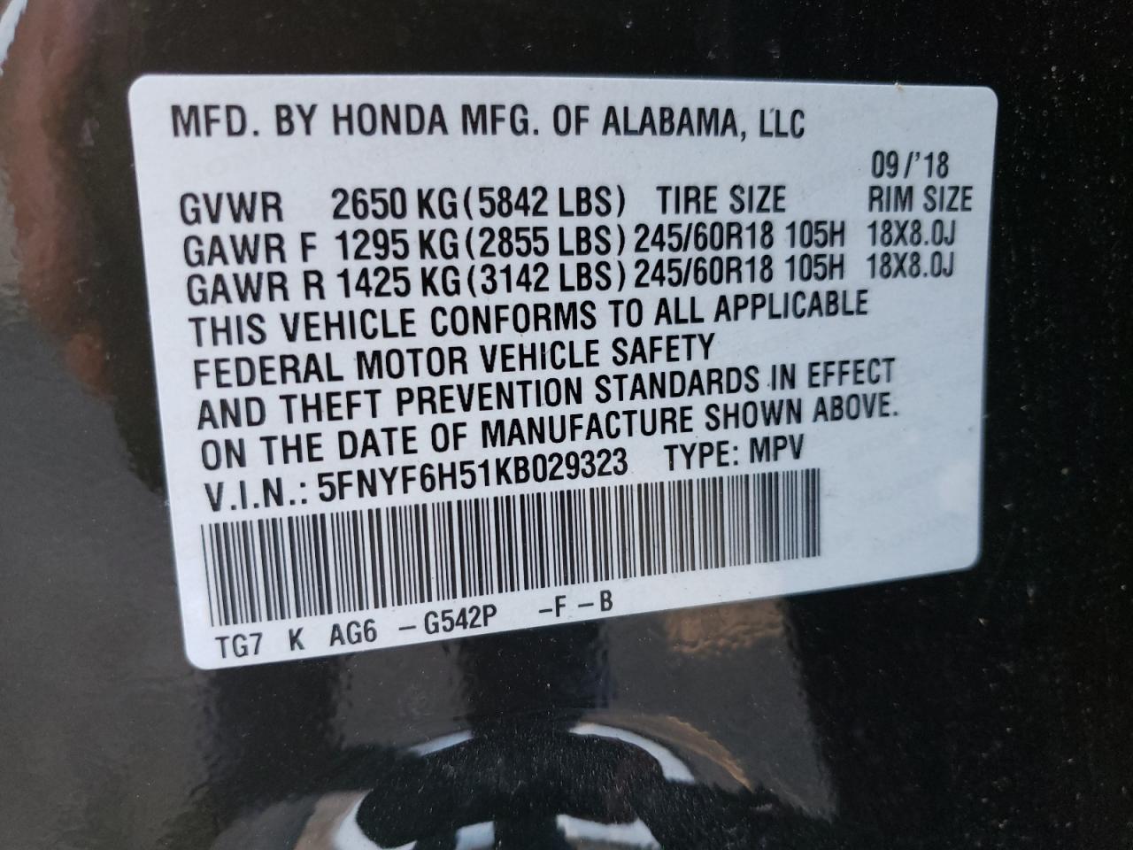 Photo 10 from auction – 2019 HONDA PILOT EXL with VIN 5FNYF6H51KB029323