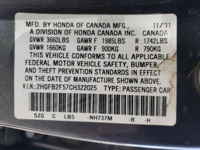 Photo 10 from auction – 2012 HONDA CIVIC LX with VIN 2HGFB2F57CH322025