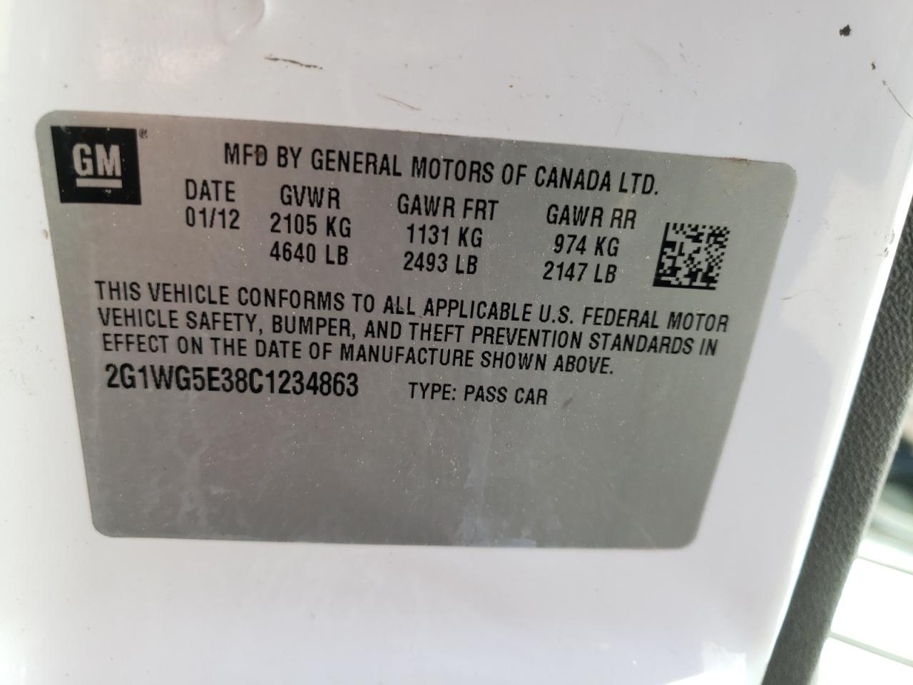 Photo 10 from auction – 2012 CHEVROLET IMPALA LT with VIN 2G1WG5E38C1234863