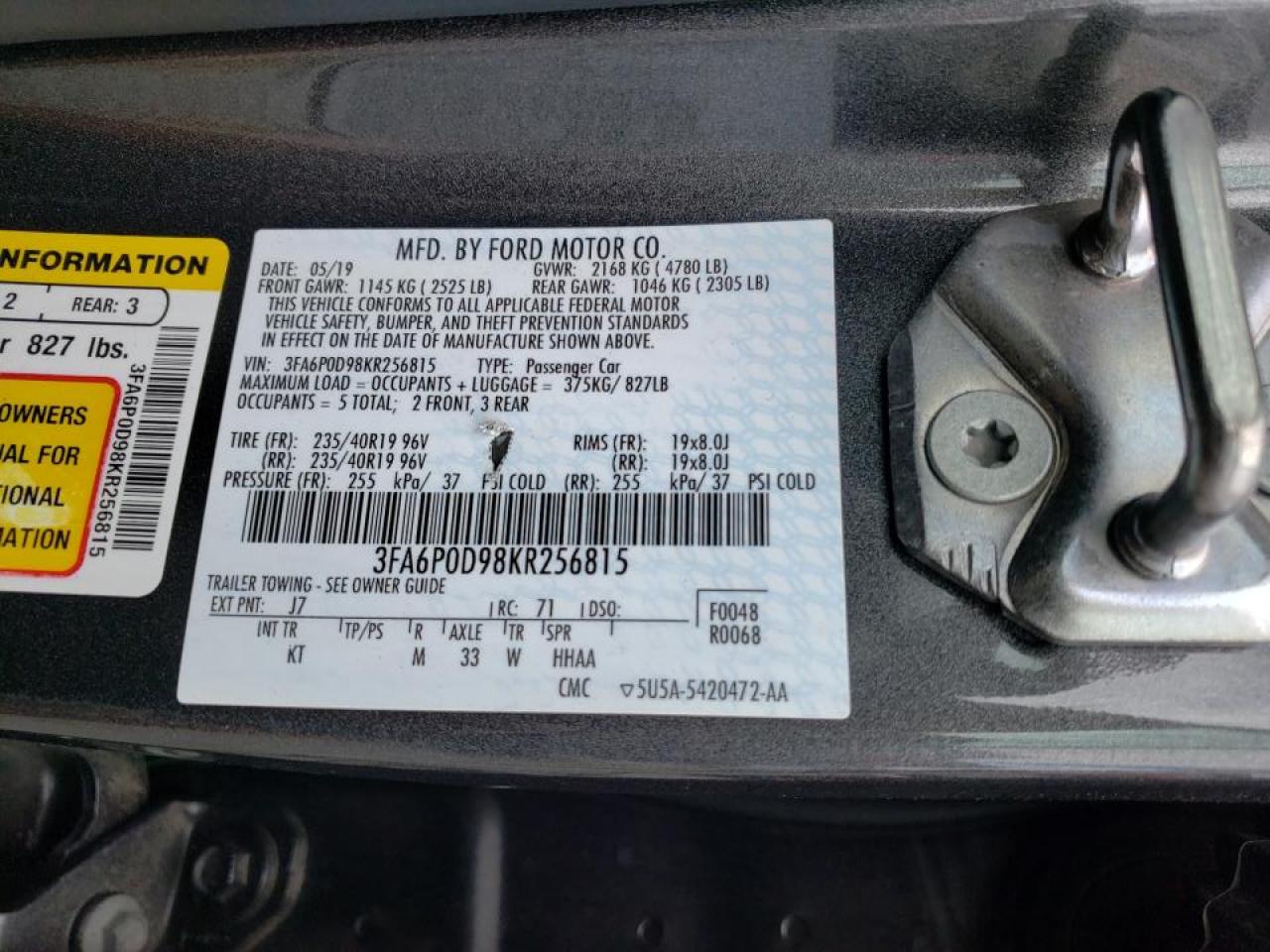 Photo 10 from auction – 2019 FORD FUSION TIT with VIN 3FA6P0D98KR256815