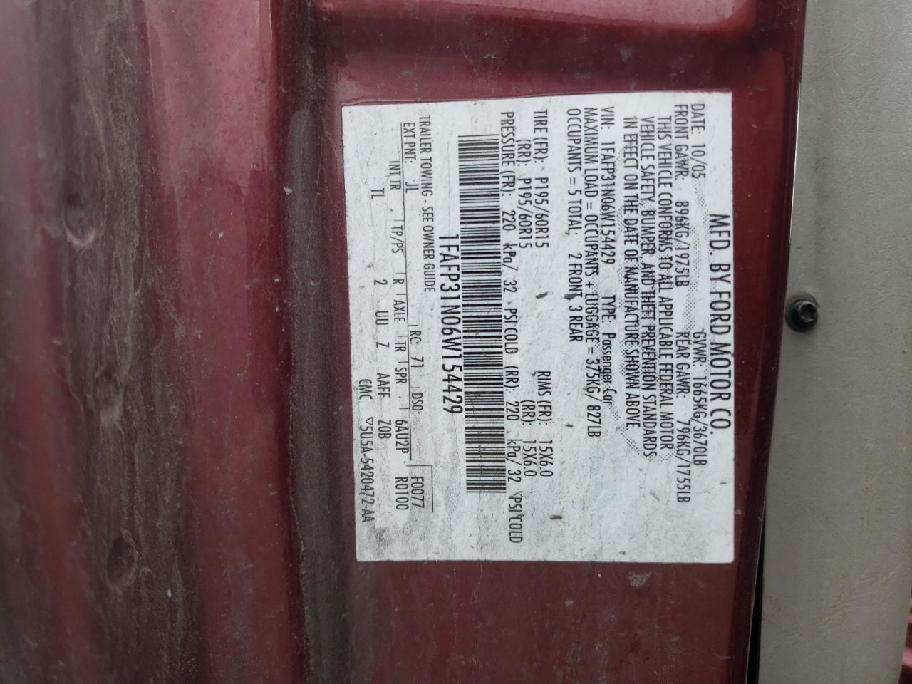 Photo 10 from auction – 2006 FORD FOCUS ZX3 with VIN 1FAFP31N06W154429