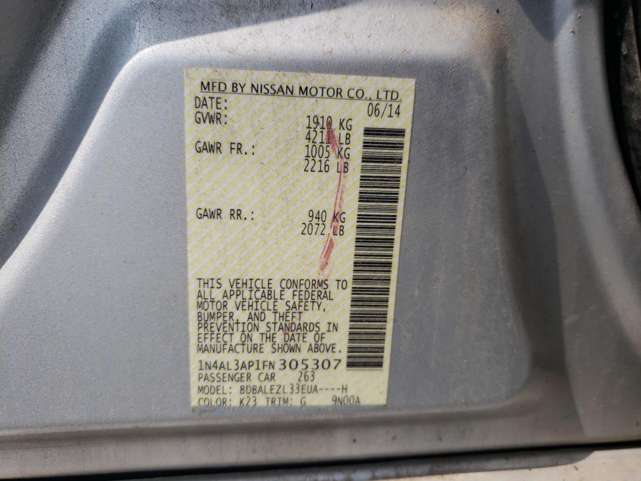 Photo 10 from auction – 2015 NISSAN ALTIMA 2.5 with VIN 1N4AL3AP1FN305307