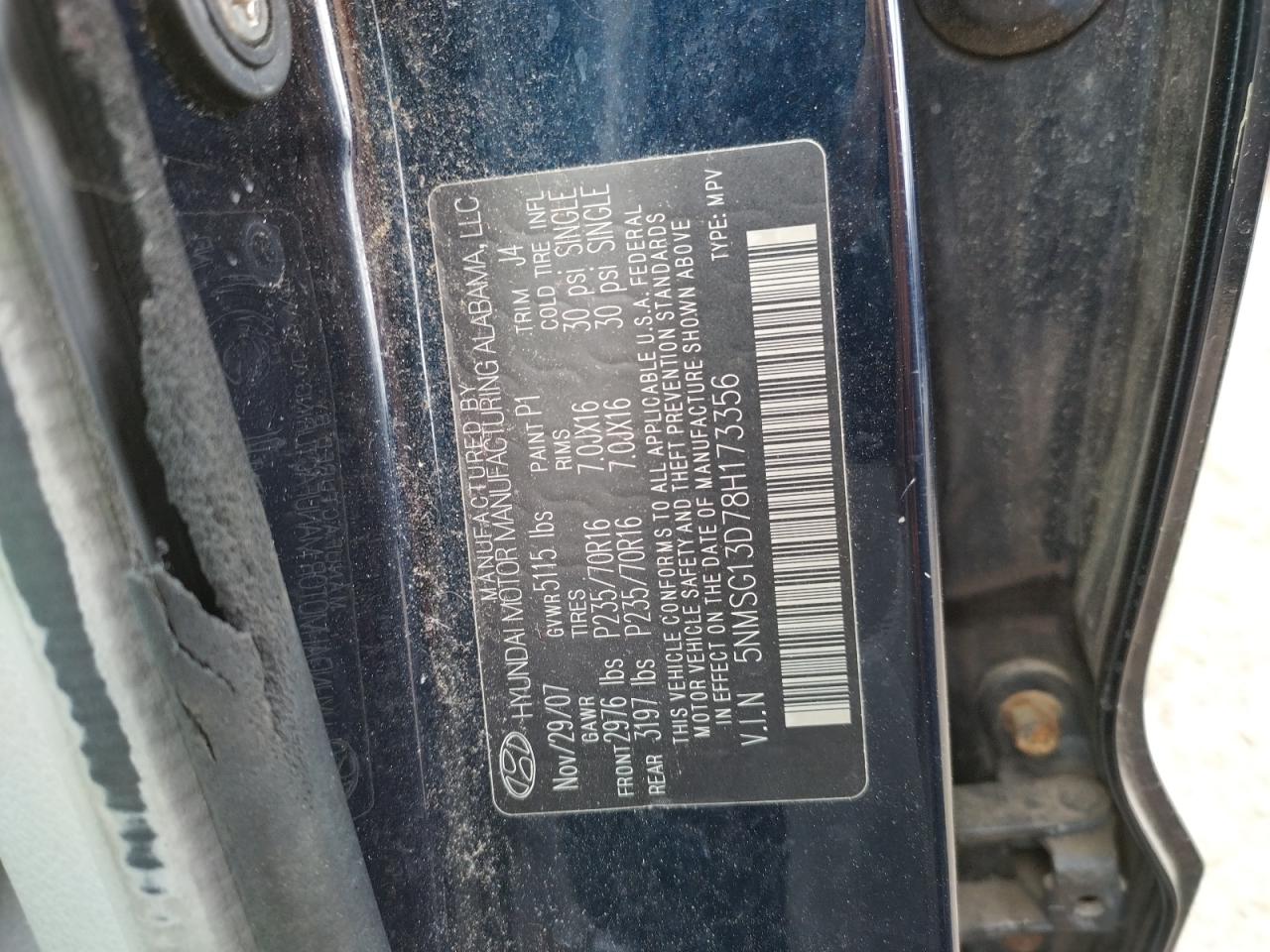 Photo 10 from auction – 2008 HYUNDAI SANTA FE G with VIN 5NMSG13D78H173356