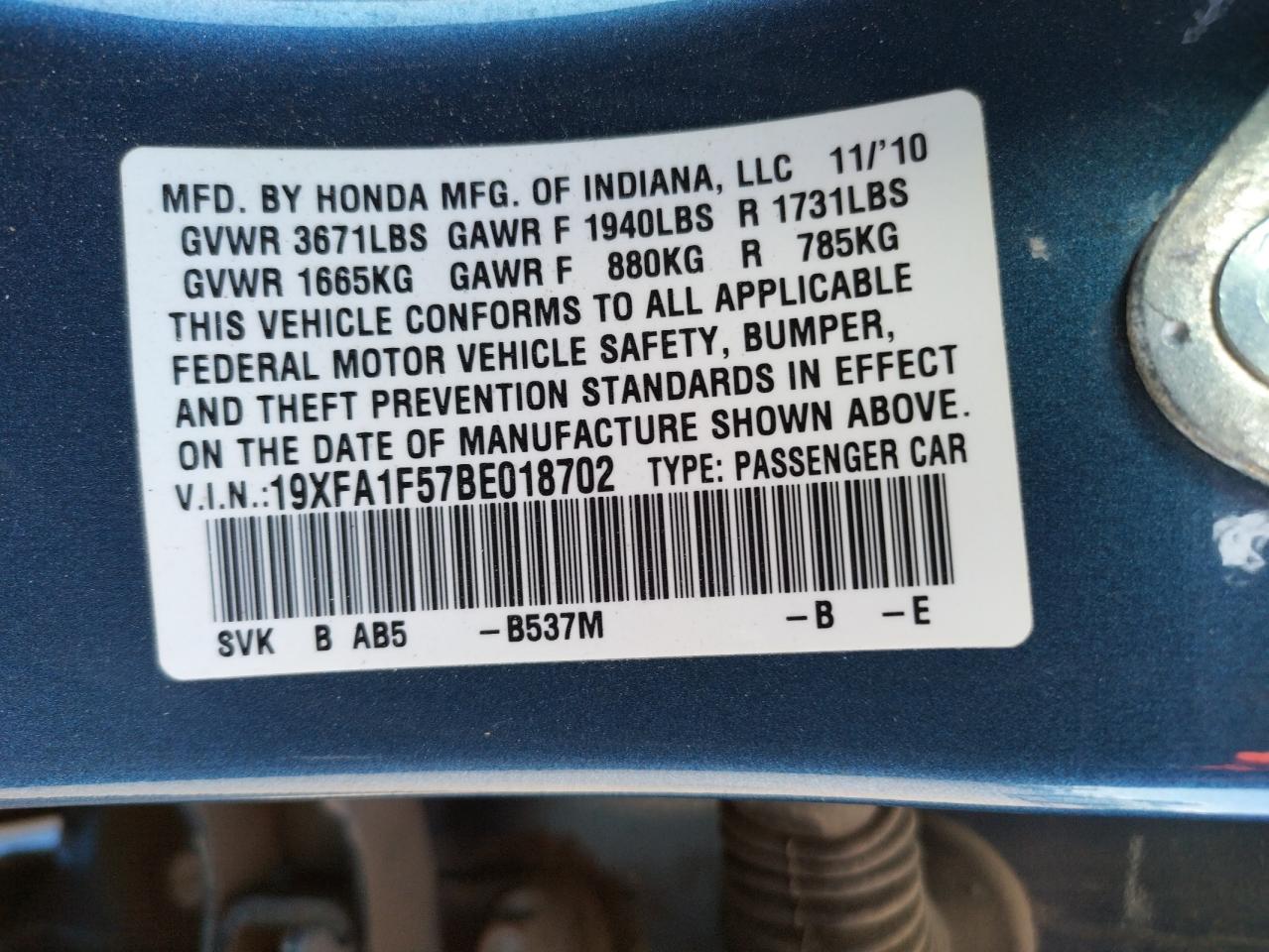 Photo 10 from auction – 2011 HONDA CIVIC LX with VIN 19XFA1F57BE018702