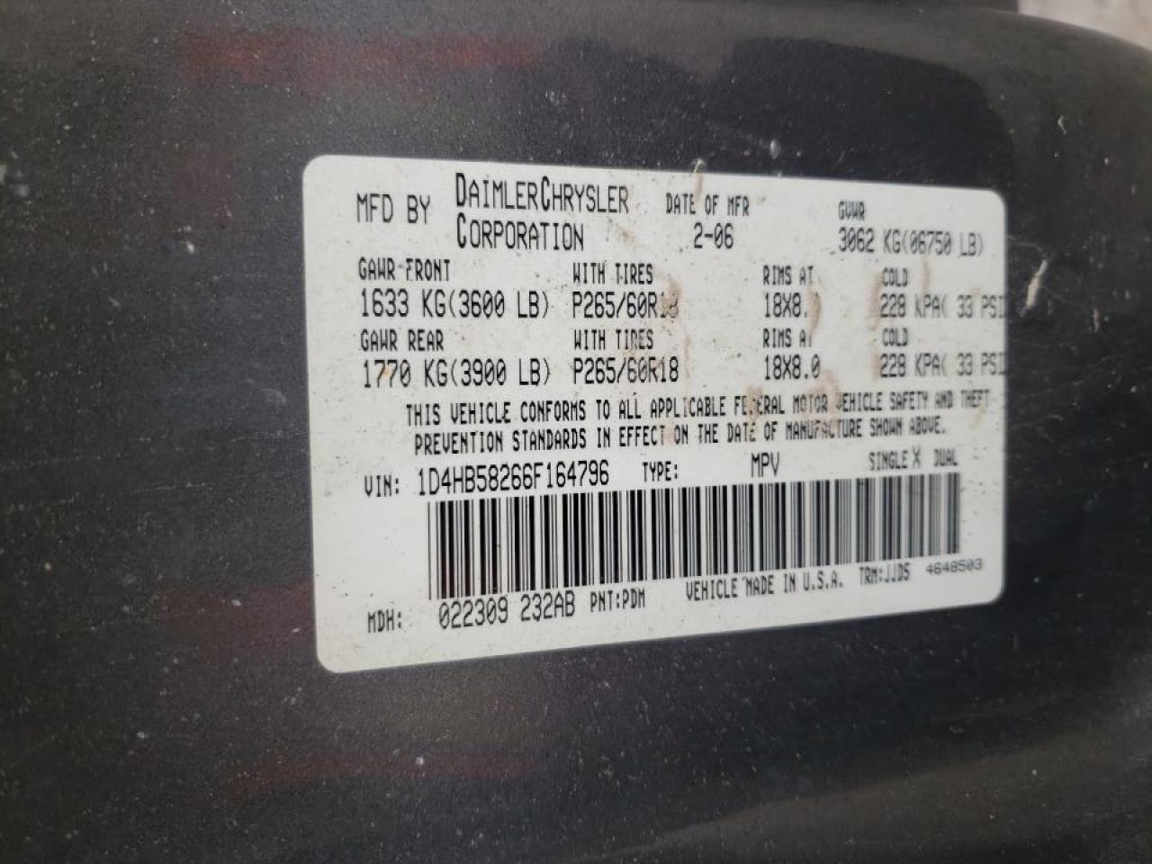 Photo 10 from auction – 2006 DODGE DURANGO LI with VIN 1D4HB58266F164796