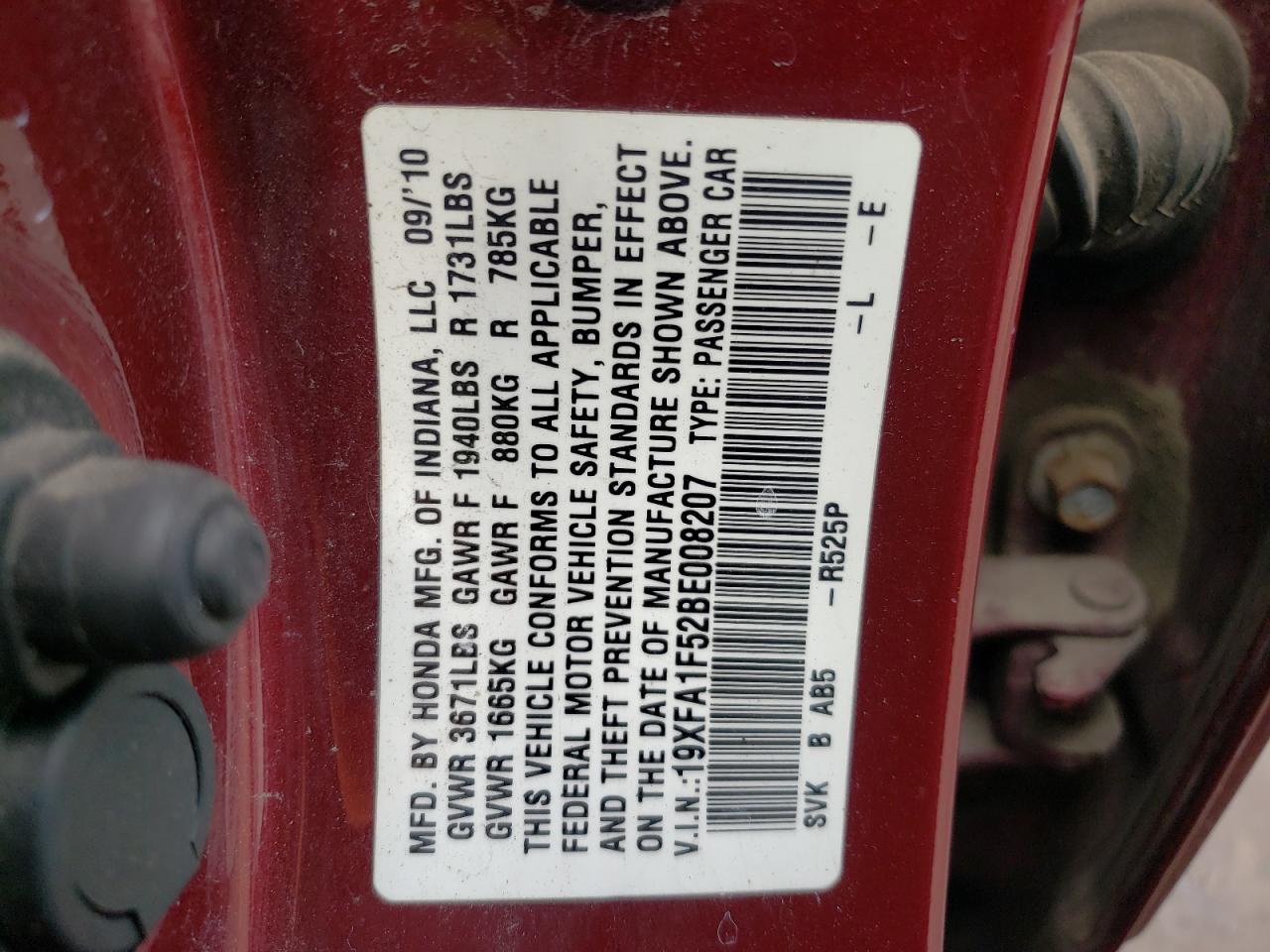 Photo 10 from auction – 2011 HONDA CIVIC LX with VIN 19XFA1F52BE008207