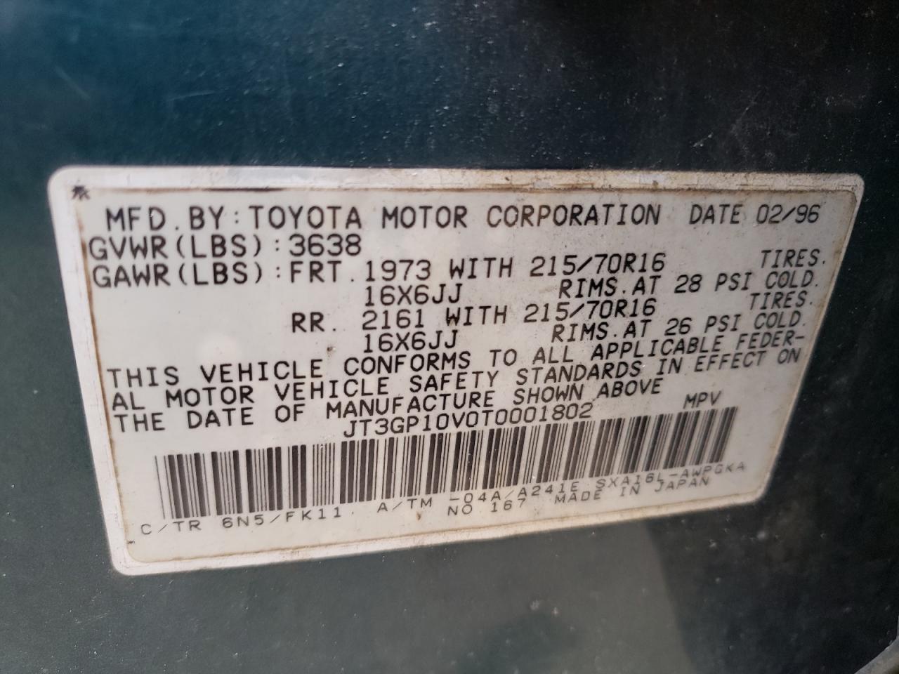 Photo 10 from auction – 1996 TOYOTA RAV4 with VIN JT3GP10V0T0001802