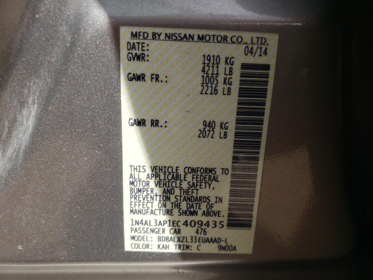 Photo 10 from auction – 2014 NISSAN ALTIMA 2.5 with VIN 1N4AL3AP1EC409435