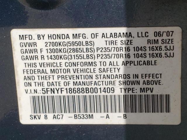 Photo 10 from auction – 2008 HONDA PILOT EXL with VIN 5FNYF18688B001409
