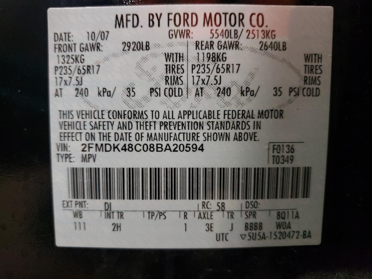 Фото 10 с аукциона – 2008 FORD EDGE SEL с VIN 2FMDK48C08BA20594