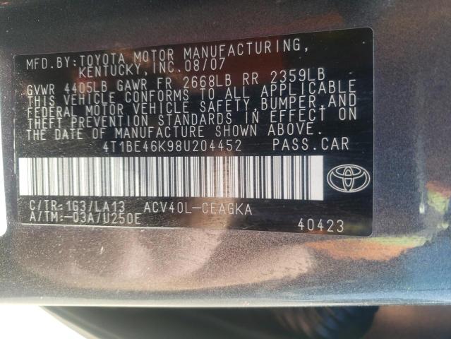 Photo 10 from auction – 2008 TOYOTA CAMRY CE with VIN 4T1BE46K98U204452