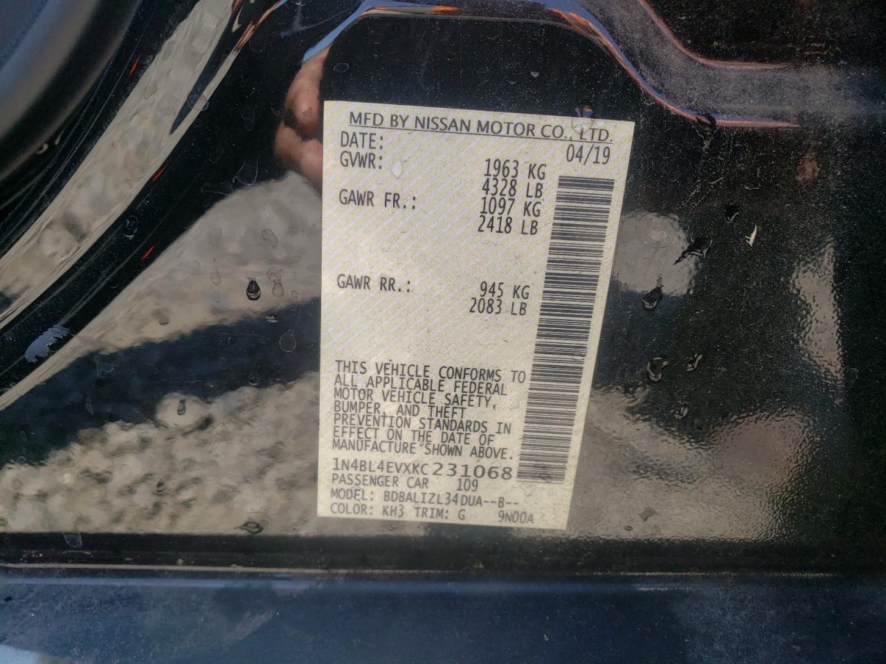 Photo 11 from auction – 2019 NISSAN ALTIMA SL with VIN 1N4BL4EVXKC231068