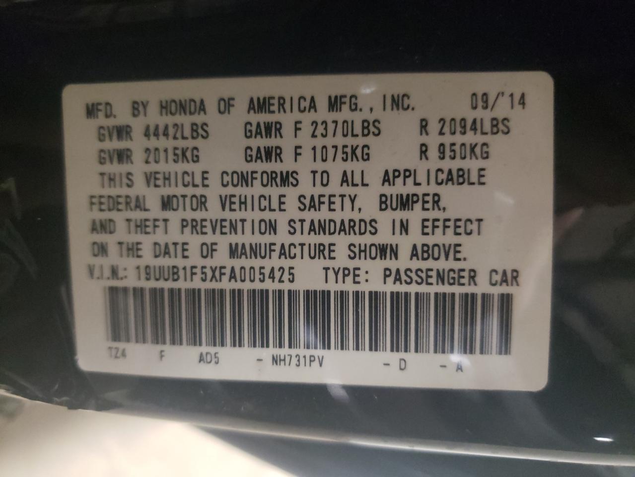Photo 10 from auction – 2015 ACURA TLX TECH with VIN 19UUB1F5XFA005425