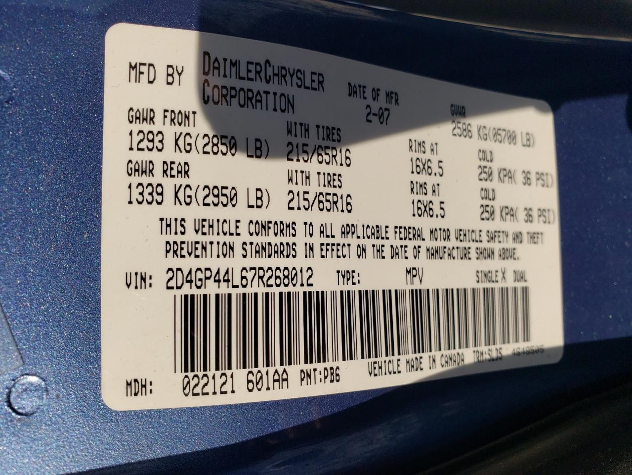Photo 10 from auction – 2007 DODGE GRAND CARA with VIN 2D4GP44L67R268012